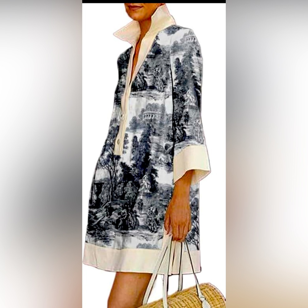 Amazon Women's Black and Cream Scenic Print Tunic Dress